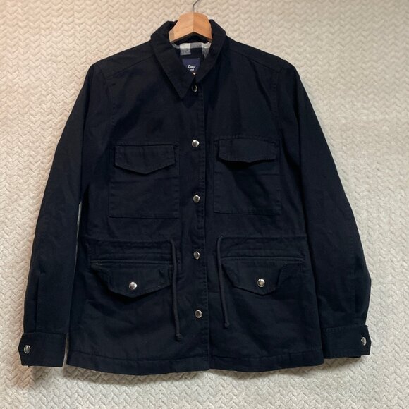 GAP Womens Black Cotton Utility Jacket Black/White Check Flannel Lining XS - Picture 1 of 7